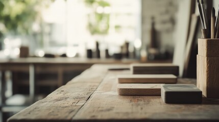 Wooden blocks on workshop table, blurred background