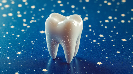 Fototapeta premium Tooth. Abstract low poly shine bright tooth illustration. Blue background and stars. Dental care, dentist clinic, stomatology medicine concept. Dentist white toothpaste, teeth freshness symbol.