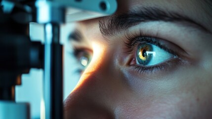 Young woman's eyes examined, ophthalmologist clinic, slit lamp, vision test