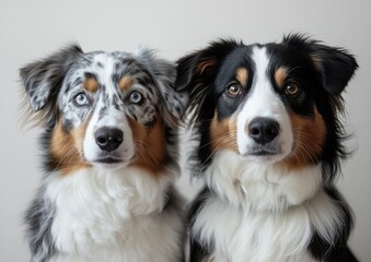 Two Adorable Australian Shepherd Dogs with Unique Patterns and Beautiful Eyes Posed Together Against a Neutral Background for Pet Lovers and Animal Enthusiasts