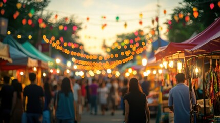 Fototapeta premium Evening market shoppers stroll, lights twinkle, festive background
