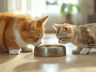 Two Adorable Cats Curious About Their Feeding Bowl Filled With Kibble on a Bright and Cozy Indoor Floor Surrounded by Warm Soft Lighting