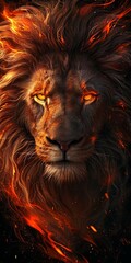Naklejka premium Fierce Lion Face With Dramatic Fire And Deep Contrast..