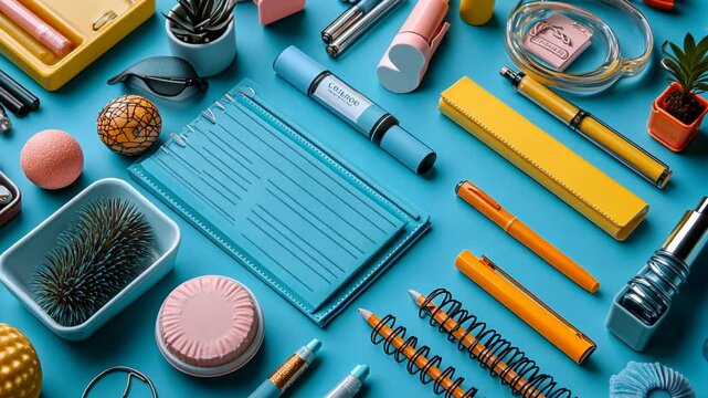 Colorful workspace arrangement featuring stationery and decor items
