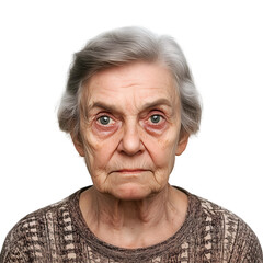 Close-up portrait of an elderly woman with gray hair, showcasing her weathered features and piercing gaze, conveying strength, wisdom, cutout, isolated on white background