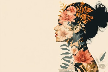 creative design showing a woman head, female profile, with floral and botanical patterns, natural beauty, minimal background with copy space