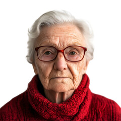 Close-up portrait of an elderly woman wearing red glasses, showcasing her wisdom, resilience, and timeless beauty, cutout, isolated on white background