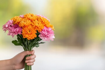 Vibrant bouquet of orange and pink chrysanthemums held by female caucasian hand