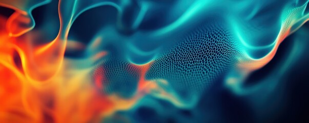 Fototapeta premium Abstract digital flame flow; teal, orange hues; dark background; website design