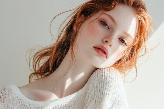 demure woman, female portrait, featuring muted colors, soft shadows, and understated elegance, minimal background with copy space