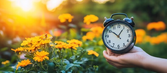 Hand holding clock in sunny garden, flowers blurred background, springtime concept
