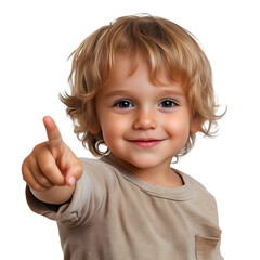  Adorable toddler pointing with a finger and smiling, a happy little child with a playful expression, highlighting innocence, childhood, cutout, isolated on white background