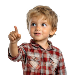 Adorable toddler boy pointing with finger, curious and playful child, expressing wonder and discovery, cutout, isolated on white background
