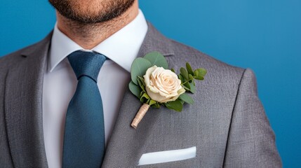 Elegant men's suit with rose boutonnière and blue tie on caucasian adult male
