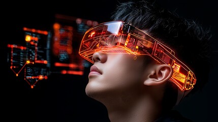 Young man uses futuristic glasses, exploring virtual data