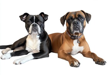 Obraz premium Two Adorable Dogs Relaxing on a White Background, One Black and White with a Charming Expression, and One Tan with a Thoughtful Gaze, Perfect for Pet Lovers