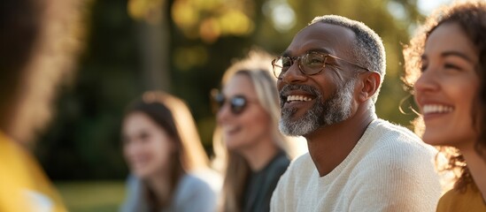 Happy multigenerational group outdoors, park background, event attendance
