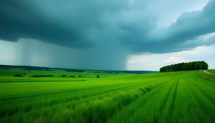 Fototapeta premium Exuberantes campos verdes bajo un cielo espectacular con nubes oscuras y lluvia cayendo a lo lejos. Una carretera sinuosa atraviesa el paisaje, rodeada de una vibrante vegetación