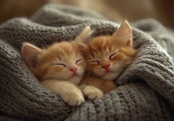 Naklejka premium Two Adorable Ginger Kittens Sleeping Peacefully Together Wrapped in a Cozy Gray Blanket in a Soft Indoor Environment