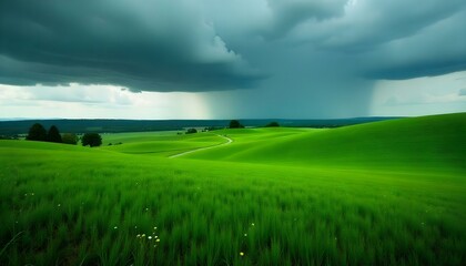 Fototapeta premium Exuberantes campos verdes bajo un cielo espectacular con nubes oscuras y lluvia cayendo a lo lejos. Una carretera sinuosa atraviesa el paisaje, rodeada de una vibrante vegetación