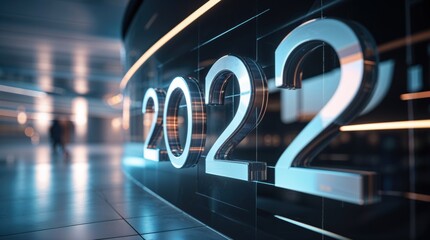 Futuristic 2022 sign in a modern building. Sleek metallic numbers stand out against a dark background, illuminated with soft blue and orange lighting. A sense of anticipation and progress.