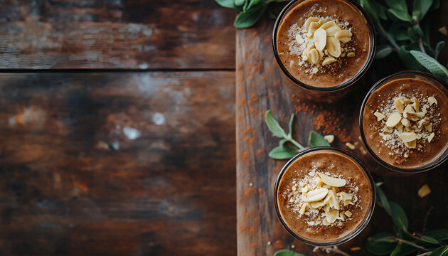 Healthy Raw Vegan Chocolate Mousse topped with Almond in glasses over wooden background close up - delicious homemade Raw Vegan Chocolate Pudding with Nuts and Carob powder