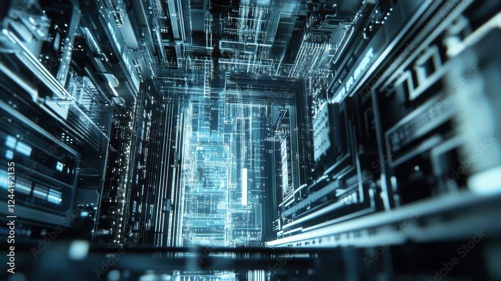 Poster complex quantum computer circuitry processes data, glowing with intricate connections and futuristic