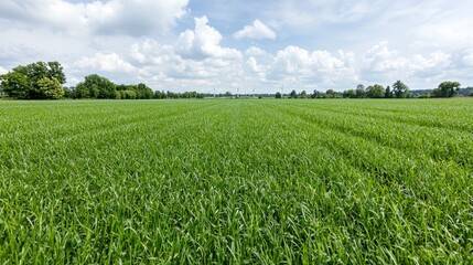 Fototapeta premium Lush green field under a partly cloudy sky, perfect for agricultural use