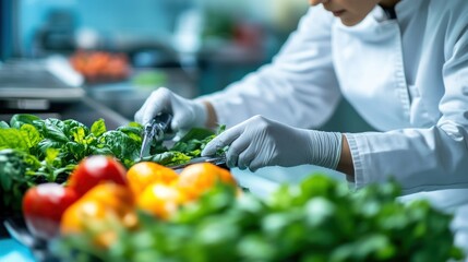 Chef prepares vegetables in sterile lab kitchen