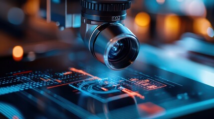 Microscope examining circuit board; lab, research, futuristic HUD