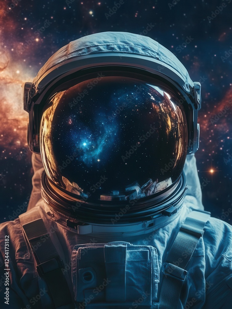 Wall mural astronaut portrait in space suit with galaxy reflection, deep space exploration