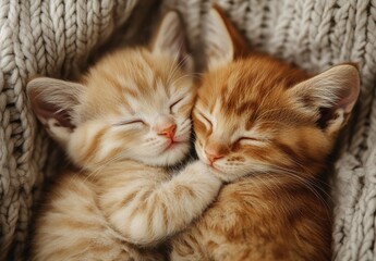 Fototapeta premium Two adorable orange kittens cuddling together in a cozy knitted blanket, showcasing their playful and charming personalities in a heartwarming scene.