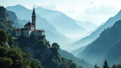 A serene mountainous landscape with a religious building overlooking a valley under a clear sky.