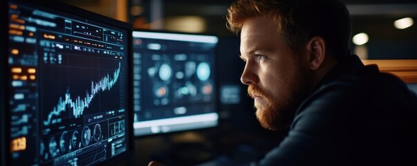 Fototapeta premium Analyst reviews data graphs late night office
