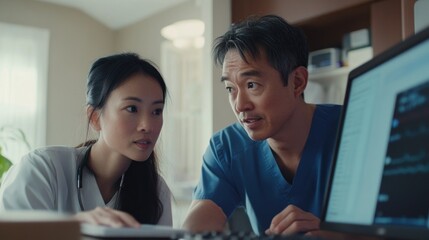 Obraz premium Doctors reviewing data, office, consultation, healthcare, teamwork