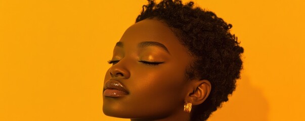 Serene Black woman, eyes closed, yellow background, studio portrait, beauty