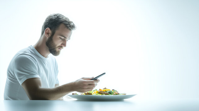A bearded man in a white t-shirt focuses on his smartphone while eating a nutritious plate of fresh vegetables and protein.  