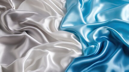 Fototapeta premium Freshly laundered silk satin fabric in silver, white, and light blue. Soft, clean, and flowing, ideal for product backgrounds.
