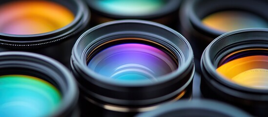 Colorful camera lenses closeup; photography equipment; marketing