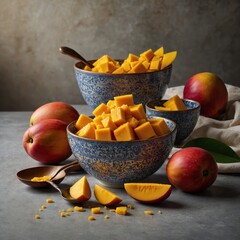 An elegant mango dessert plated beautifully, with delicate mango mousse and a few pieces of diced mango arranged artistically. The dessert is surrounded by a drizzle of mango puree and a sprinkle of c
