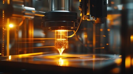 Precision 3D printing in factory; nozzle melts filament; background blurred