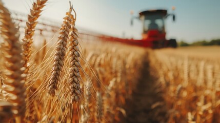 Golden wheat field harvest; tractor harvesting in background