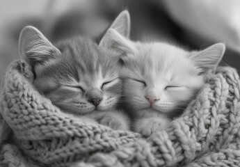 Naklejka premium Two Cute Kittens Wrapped in Cozy Knitted Blanket Sleeping Together in Adorable Peaceful Moment Capturing Feline Friendship and Comfort