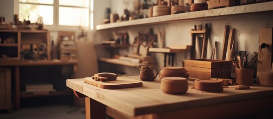 Fototapeta premium Wooden workshop; pottery, tools, shelves; sunlight