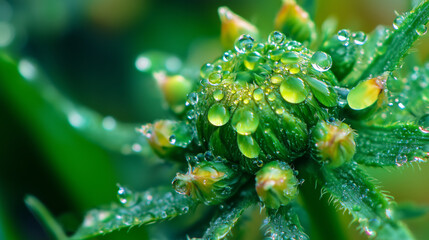 Macro close-up of dewdrops on a green flower bud for nature, freshness, and botanical themes.