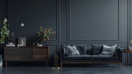 Detailed view of dark gray room featuring sofa, sideboard, and spacious mock-up area.
