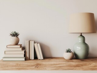 Shelf Styling Mockup with Lamp Books and Succulent Plant on Wooden Shelf Against Empty Wall Space