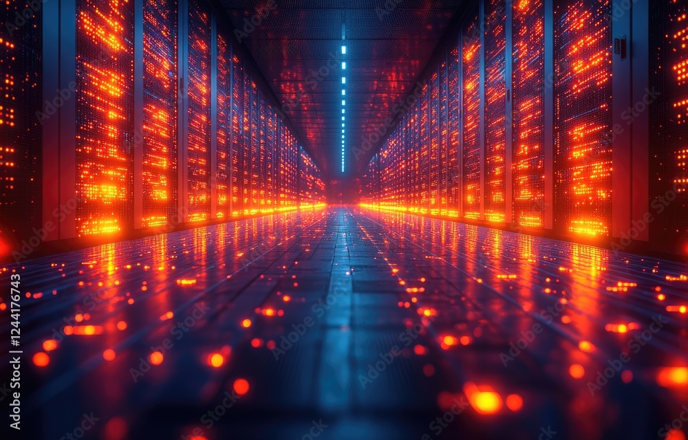 Poster abstract futuristic data center with glowing orange and blue server lights, perfect for technology b