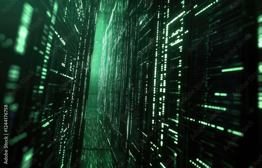 Poster Futuristic green digital data stream background, perfect for cybersecurity visuals, technology presentations, and advanced network system concepts