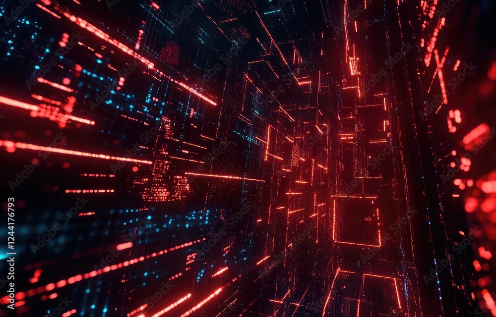 Poster futuristic digital network grid illuminated by red and blue lights, ideal for technology presentatio